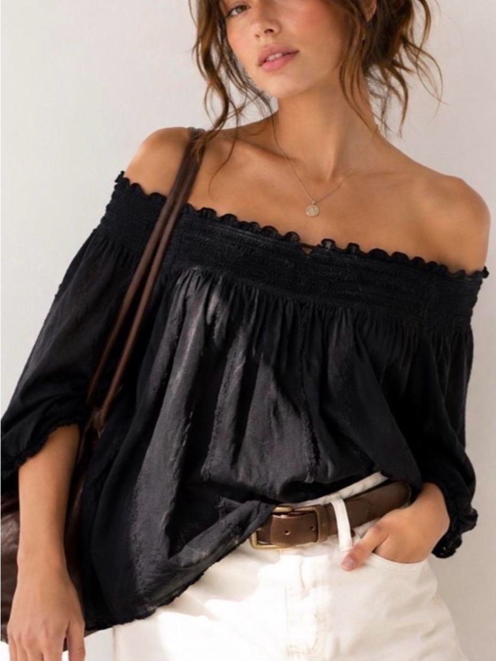 Lauren Ralph Lauren Black Smocked Off-the-Shoulder Peasant Blouse